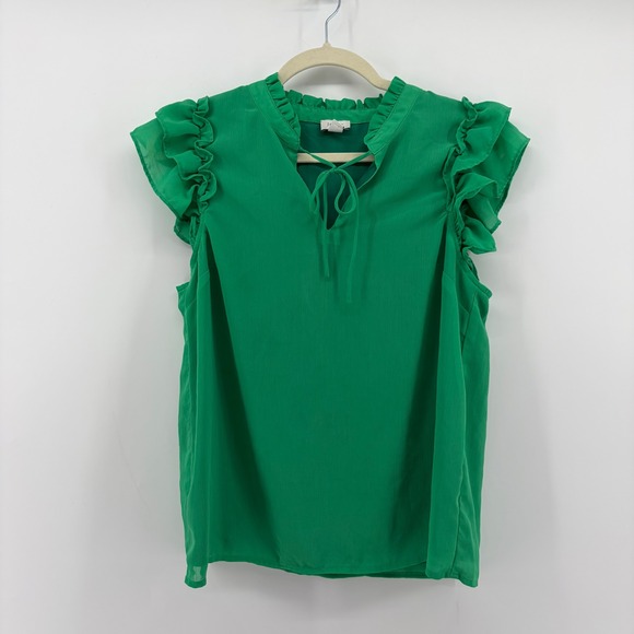 J.Crew Tops - J.Crew Womens S Green Blouse Ruffle Flutter Sleeve Tie Neck Chiffon Top